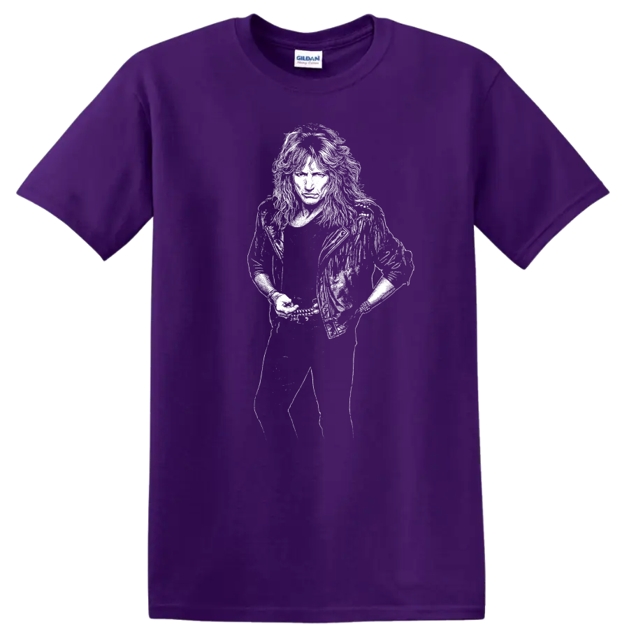 Rock Legends David Coverdale Whitesnake Deep Purple Tribute T Shirt on a Purple T Shirt