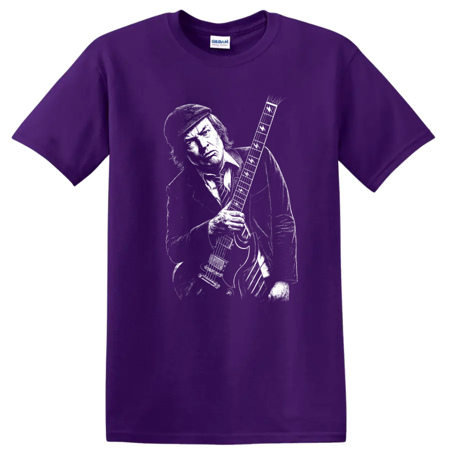 Angus Young AC DC Rock Legends Guitar Pose T Shirt on a Purple T Shirt