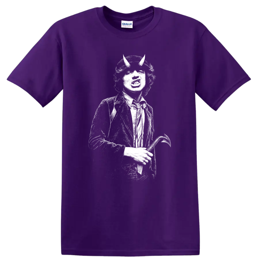 Angus Young AC DC Rock Legends Guitar Silhouette T Shirt on a Purple T Shirt