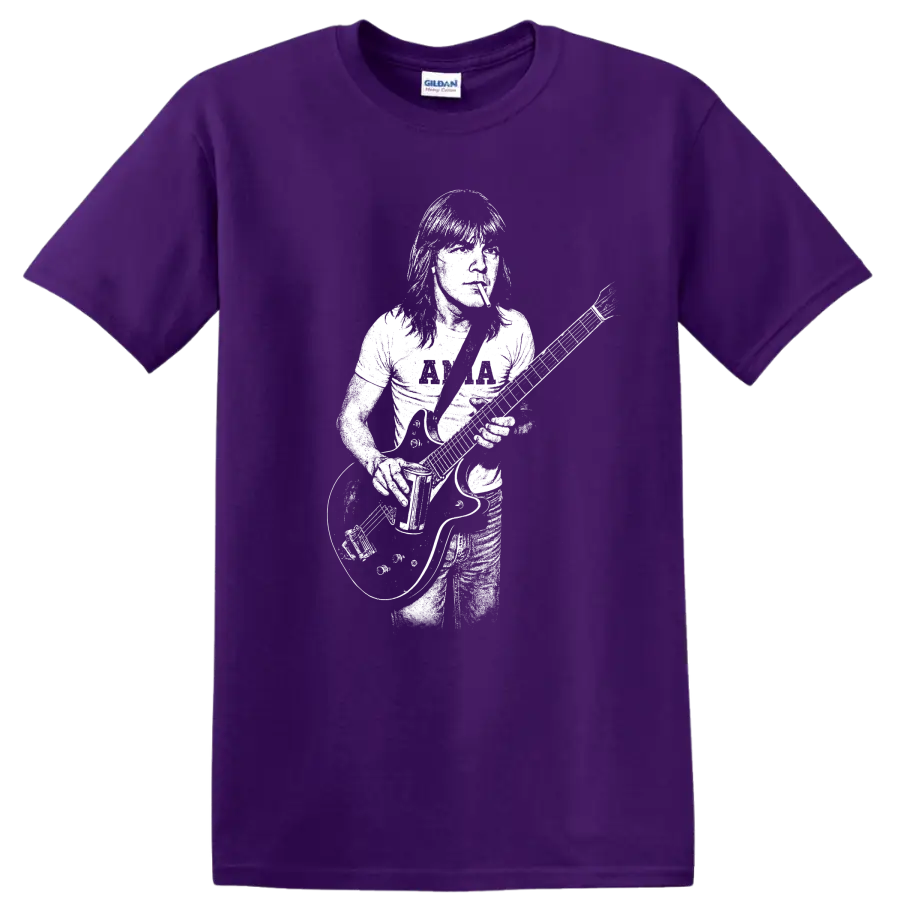 Malcolm Young AC/DC Rock Legends Guitar Silhouette T Shirt on a Purple T Shirt