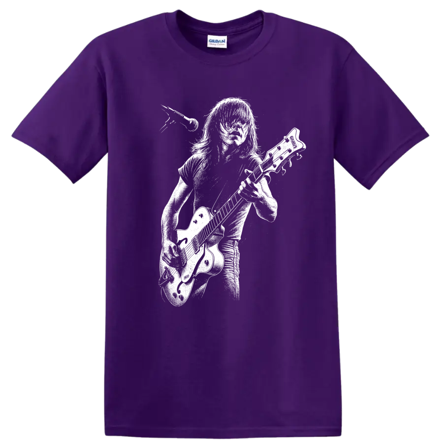 Malcolm Young AC/DC Rock Legends Guitar Silhouette T Shirt on a Purple T Shirt
