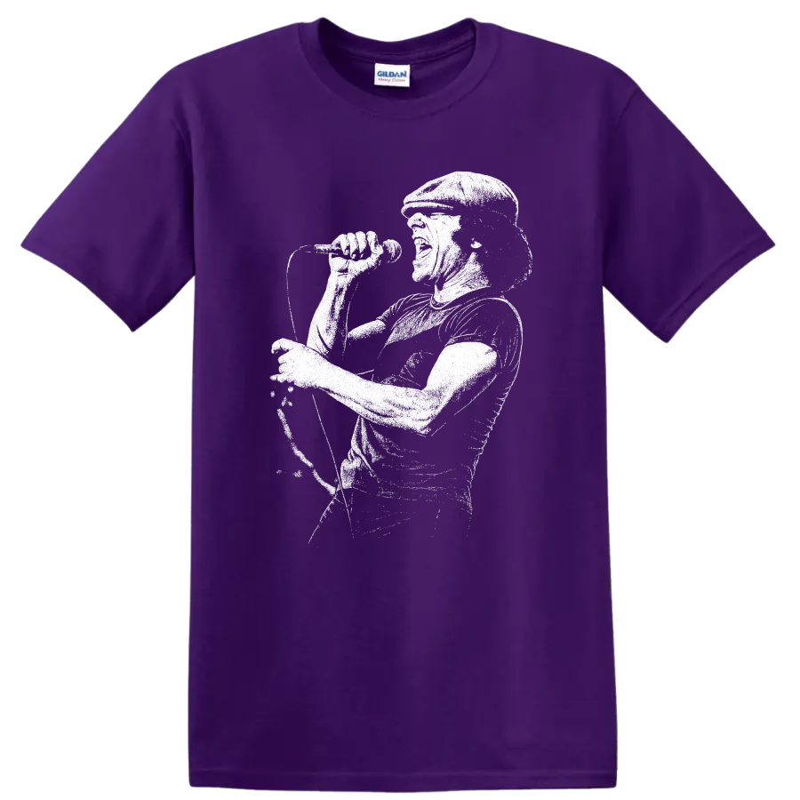 Brian Johnson AC DC Rock Legends Portrait T Shirt for Classic Rock Fans on a Purple T Shirt