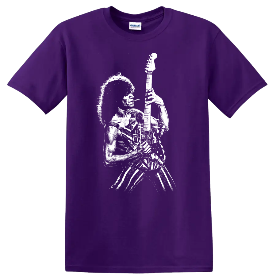 Eddie Van Halen Rock Legends Graphic T Shirt for Van Halen Fans on a Purple T Shirt