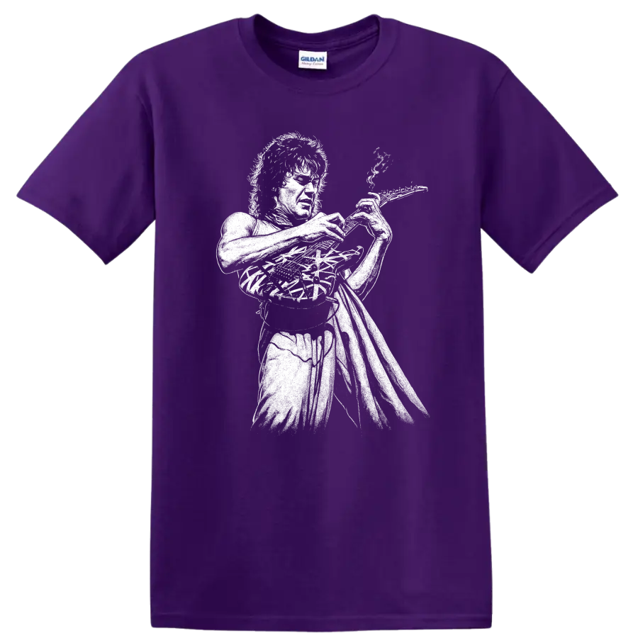 Eddie Van Halen Rock Legends Tribute T Shirt Classic Guitar Logo on a Purple T Shirt