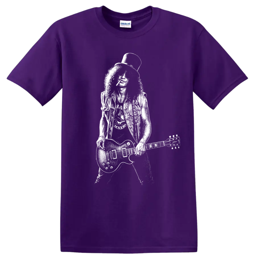 Slash Guns N' Roses Rock Legends Graphic T Shirt for Fans on a Purple T Shirt