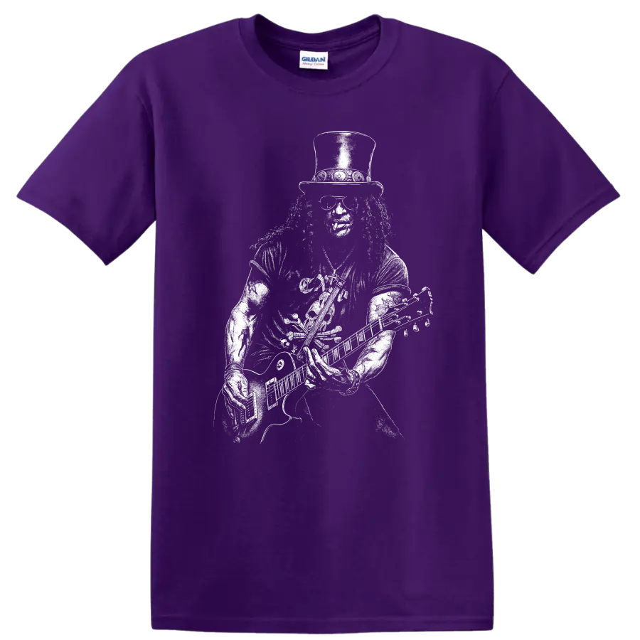 Slash Guns N' Roses Rock Legends White Logo T Shirt for Fans on a Purple T Shirt
