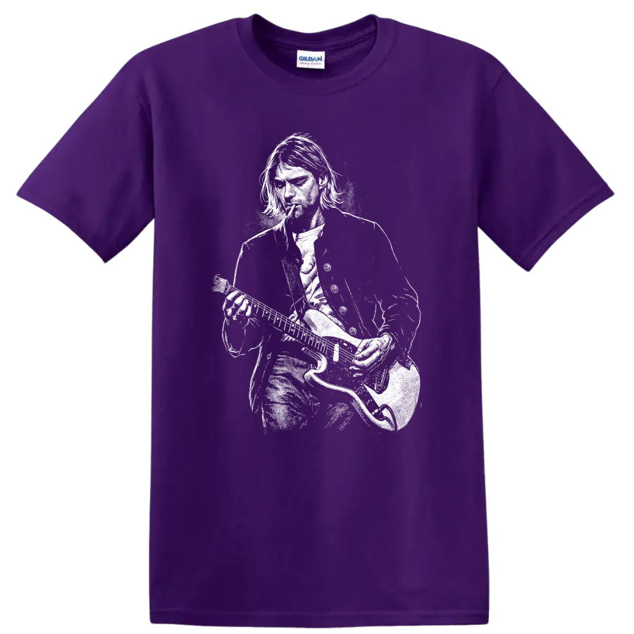 Kurt Cobain Nirvana Smells Like Teen Spirit Rock Legends T Shirt on a Purple T Shirt