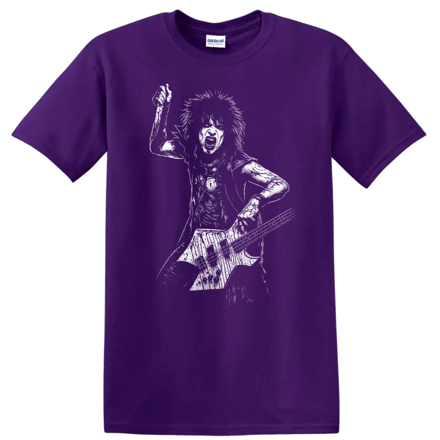 Nikki Sixx Mötley Crüe Shout at the Devil Rock Legends T Shirt on a Purple T Shirt