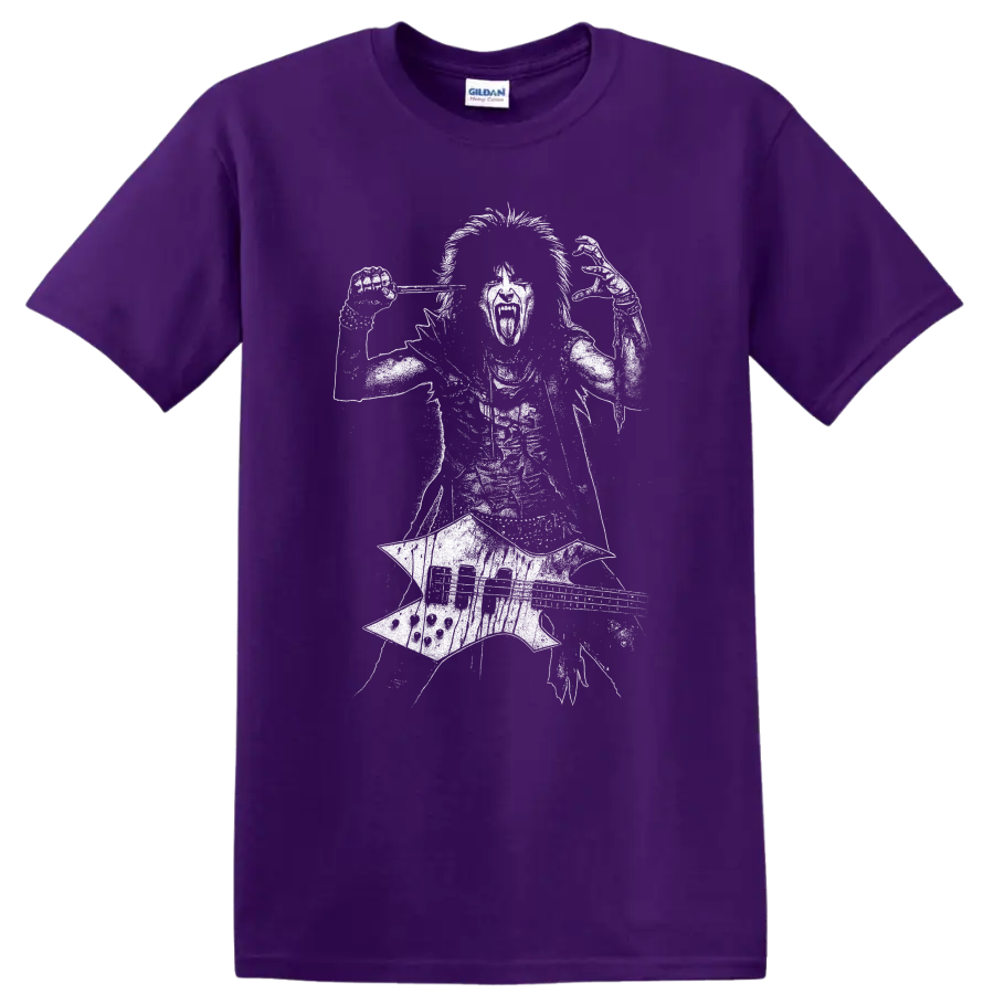 Nikki Sixx Mötley Crüe Shout at the Devil Rock Legends T Shirt on a Purple T Shirt