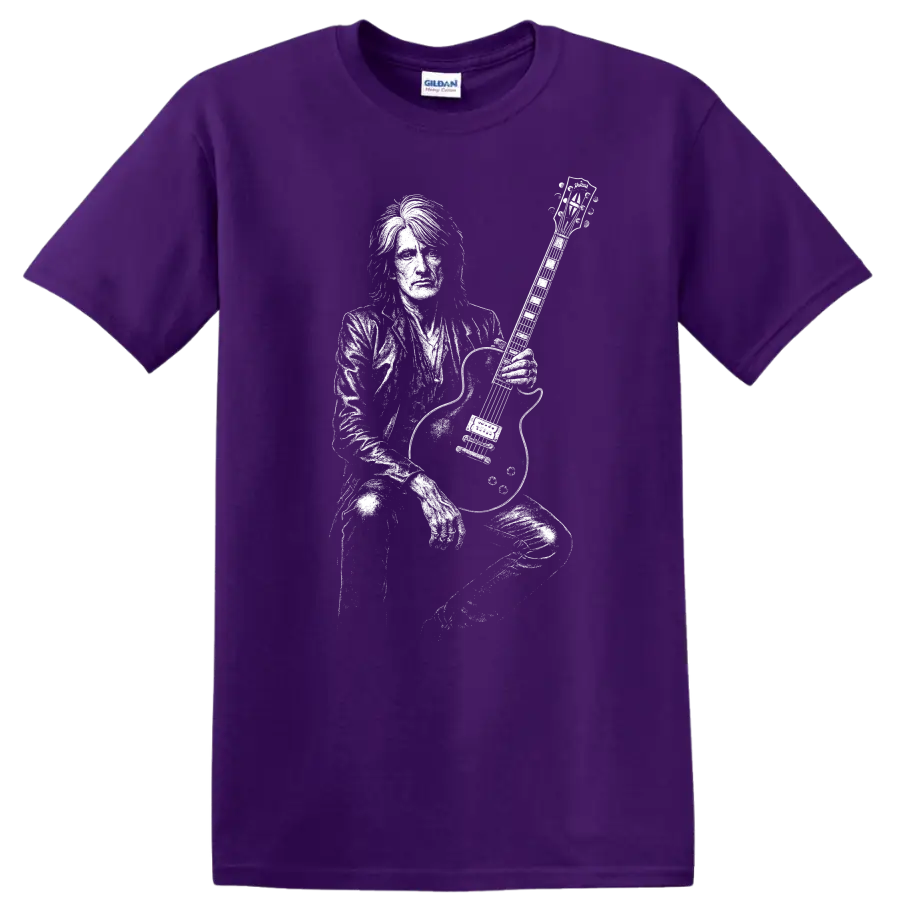 Joe Perry Aerosmith Rock Legends Silhouette Guitarist T Shirt on a Purple T Shirt