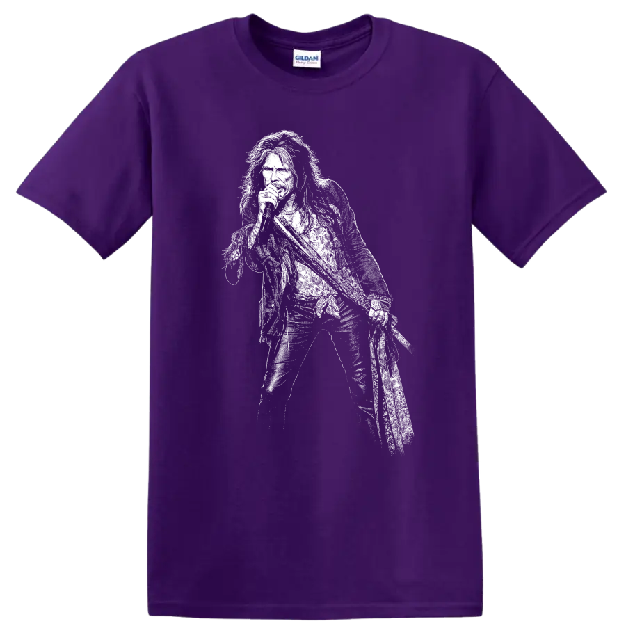 Steven Tyler Aerosmith Rock Legends White Silhouette T Shirt on a Purple T Shirt