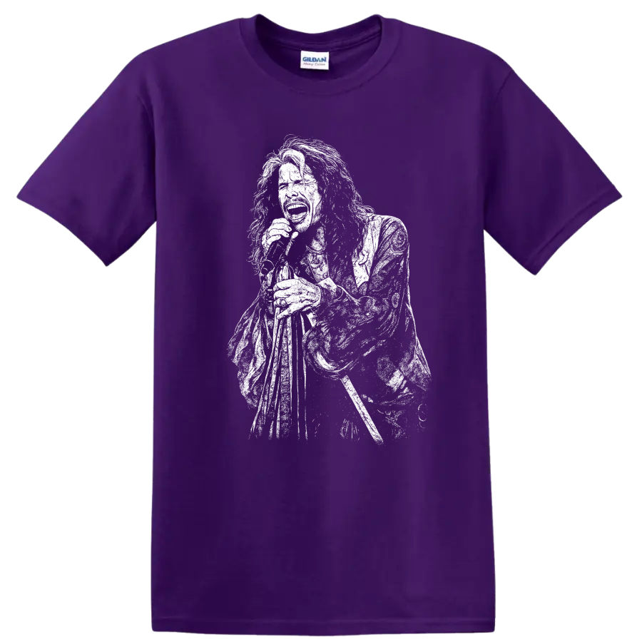 Steven Tyler Aerosmith Rock Legends Tribute T Shirt for Classic Music Fans on a Purple T Shirt