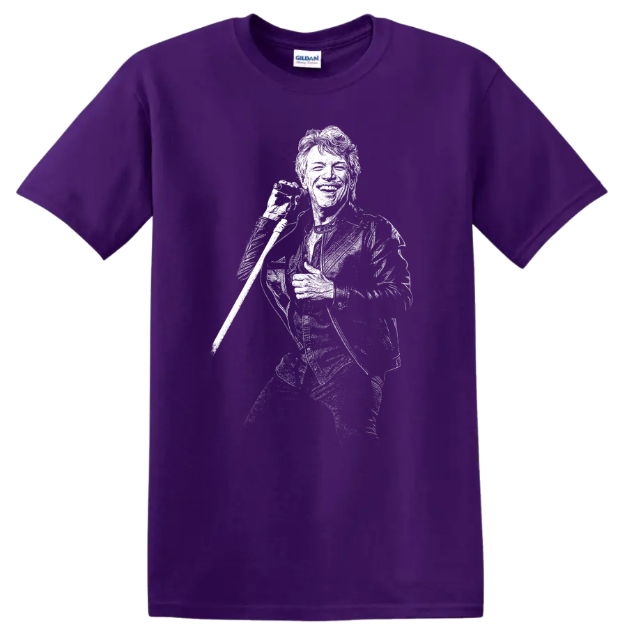 Jon Bon Jovi Rock Legends Silhouette Tribute T Shirt on a Purple T Shirt