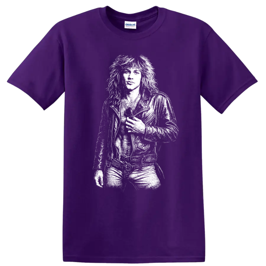 Jon Bon Jovi Rock Legends Tribute T Shirt for Classic Music Fans on a Purple T Shirt