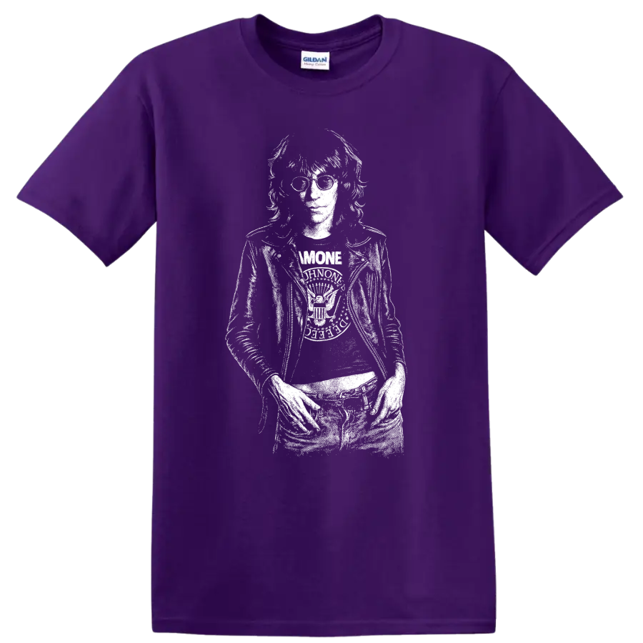 Joey Ramone Ramones Rock Legends Portrait T Shirt on a Purple T Shirt