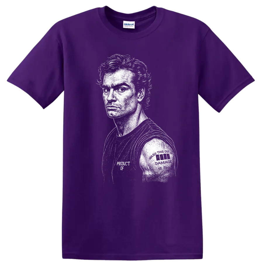 Andrew Eldritch The Sisters of Mercy Rock Legends Portrait T Shirt on a Purple T Shirt