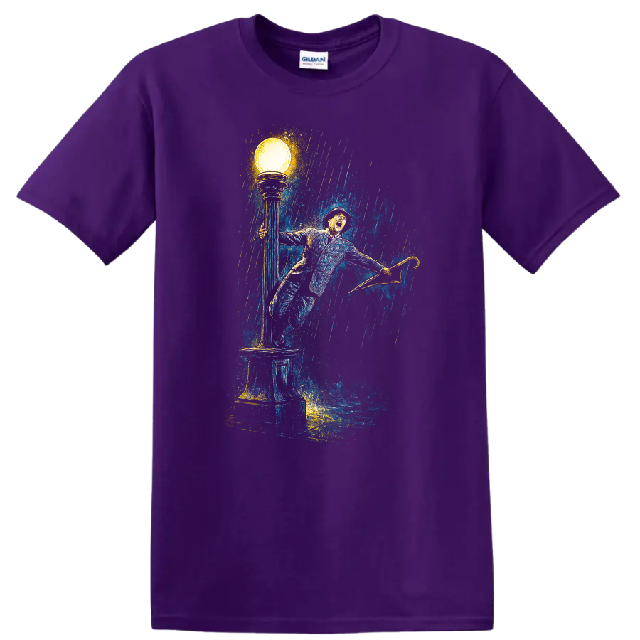 Vintage Singing in the Rain inspired artwork with umbrella, streetlamp, and rain, T-shirt graphic on a Purple T Shirt