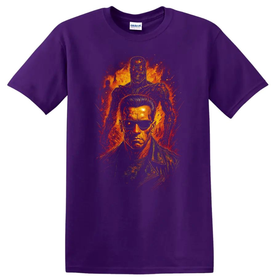 The Terminator cyborg and Arnold-style action portrait graphic T Shirt on a Purple T Shirt