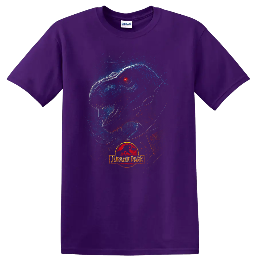 Jurassic Park T rex in rain with glowing red eye and logo T shirt on a Purple T Shirt