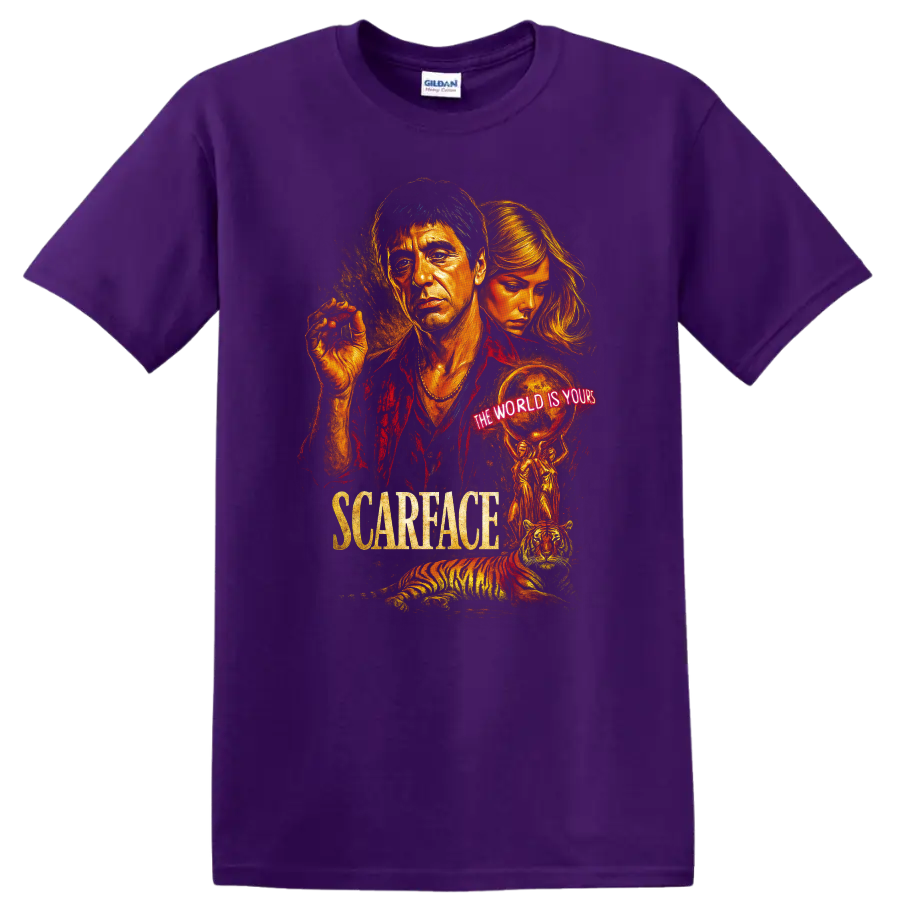 Scarface inspired movie poster art with neon The World Is Yours text and tiger on T shirt on a Purple T Shirt