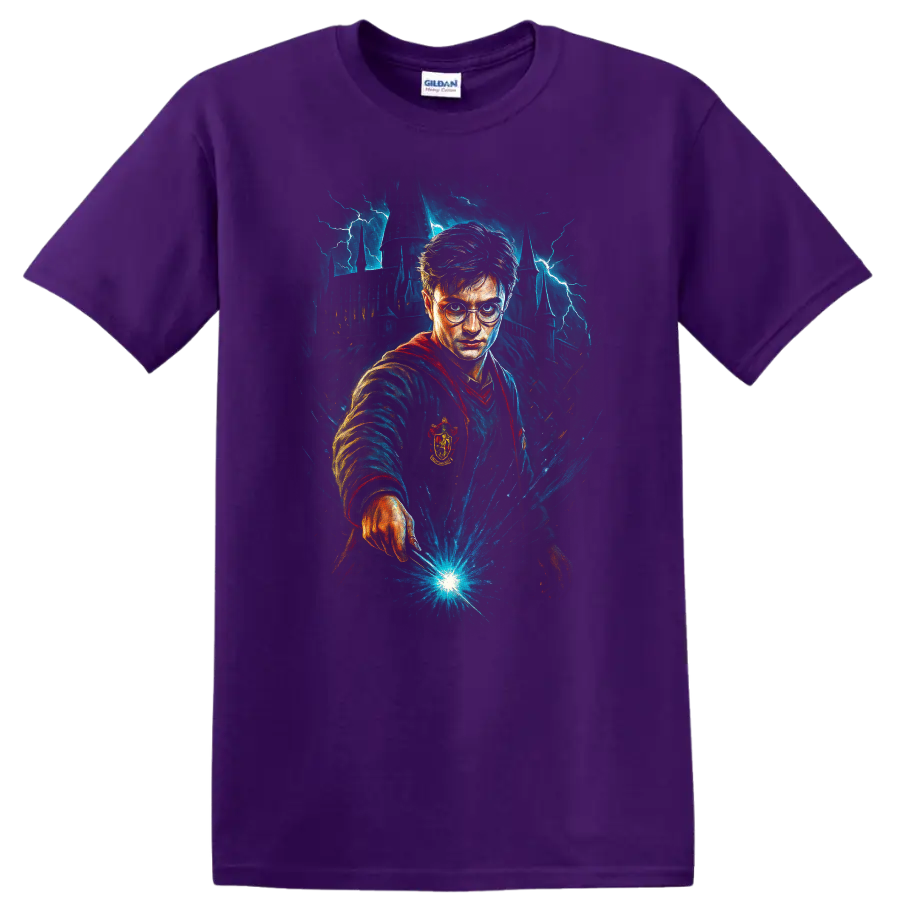 Wizard with glasses casting blue magic in front of a lightning-struck castle T Shirt on a Purple T Shirt