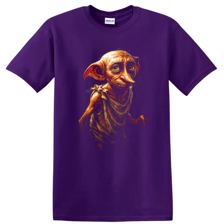 Painterly Dobby fantasy portrait with large ears and expressive eyes on a Purple T Shirt