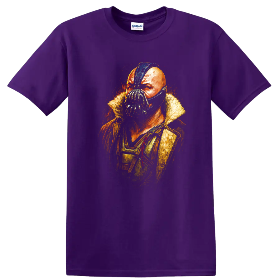Bane portrait artwork from The Dark Knight Rises graphic T shirt on a Purple T Shirt