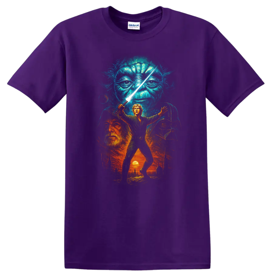 Star Wars inspired Jedi battle scene with Luke, Yoda, and Darth Vader artwork on a T shirt on a Purple T Shirt