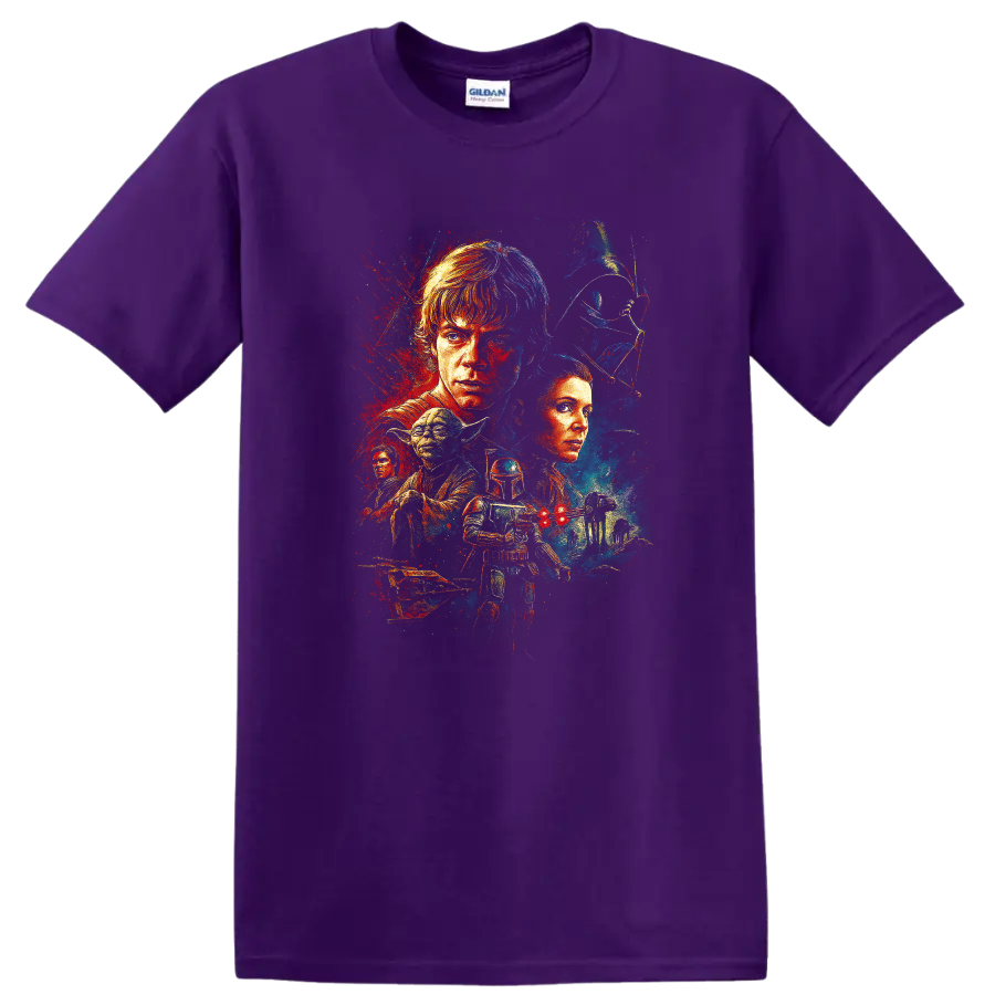 Star Wars A New Hope vintage character collage artwork on a Purple T Shirt