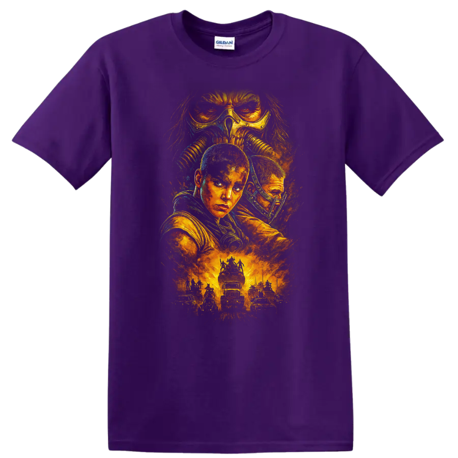 Mad Max Fury Road inspired post-apocalyptic movie art T-shirt graphic with fiery desert action and on a Purple T Shirt