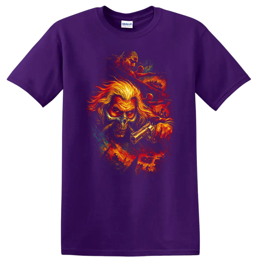 Mad Max inspired skull warrior with gun and fiery post-apocalyptic action graphic T Shirt on a Purple T Shirt