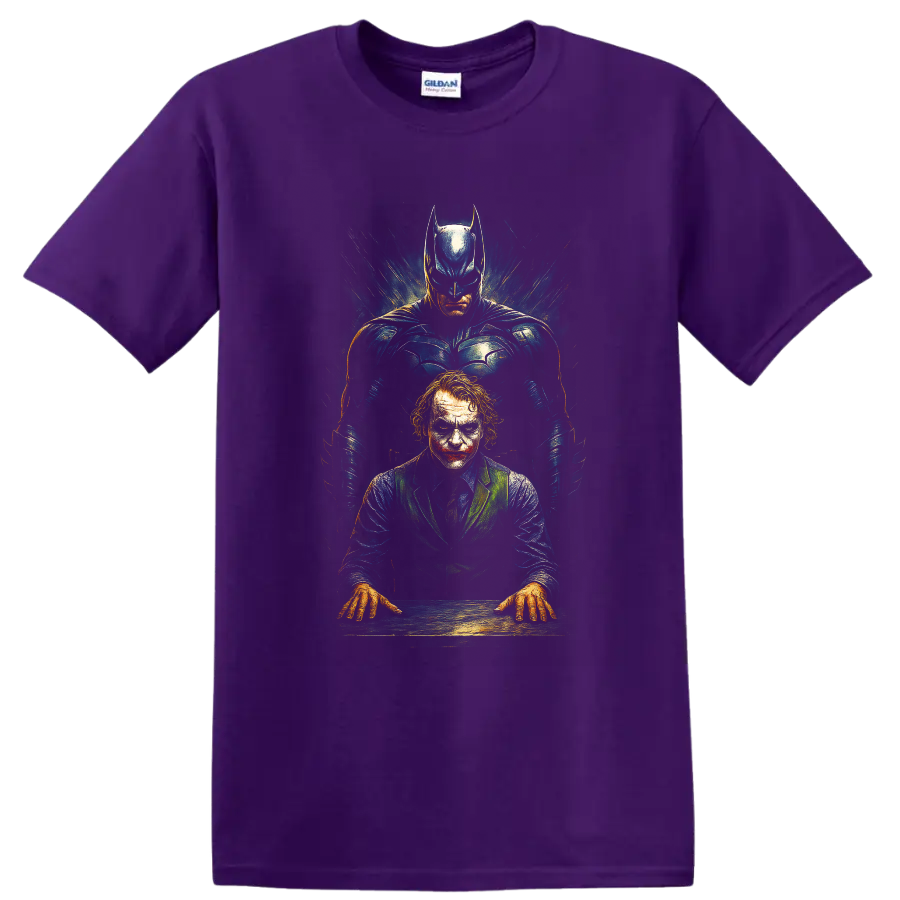 Batman standing behind the Joker in dramatic The Dark Knight graphic T Shirt design on a Purple T Shirt