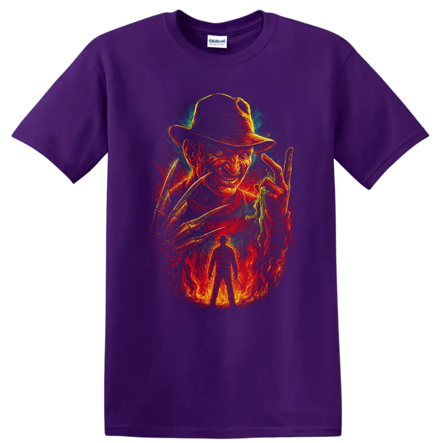 Freddy Krueger horror artwork with fedora, razor glove, and flames T shirt on a Purple T Shirt