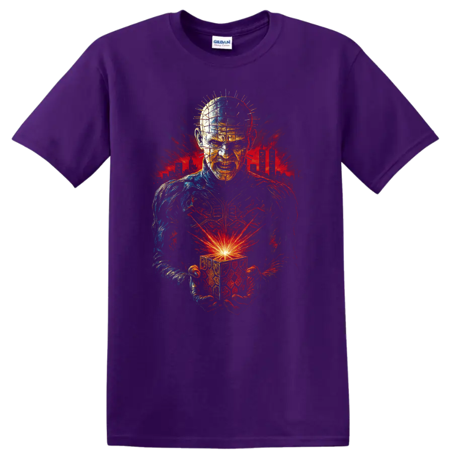 Hellraiser-inspired horror figure holding a glowing cube T Shirt on a Purple T Shirt