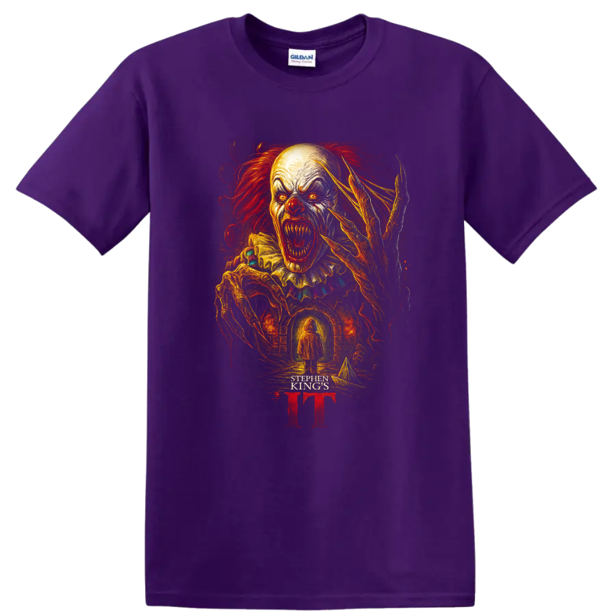 Pennywise horror clown artwork with Stephen King's IT text on a black T-shirt on a Purple T Shirt