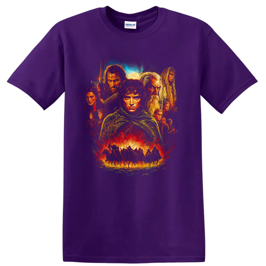 The Lord of the Rings fantasy character collage with dramatic painted movie artwork T shirt on a Purple T Shirt