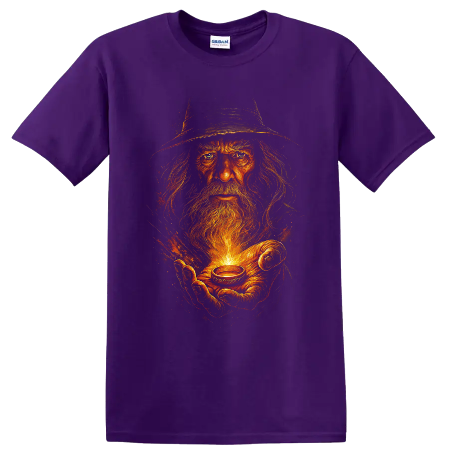 Fiery wizard holding a glowing ring fantasy graphic T shirt on a Purple T Shirt