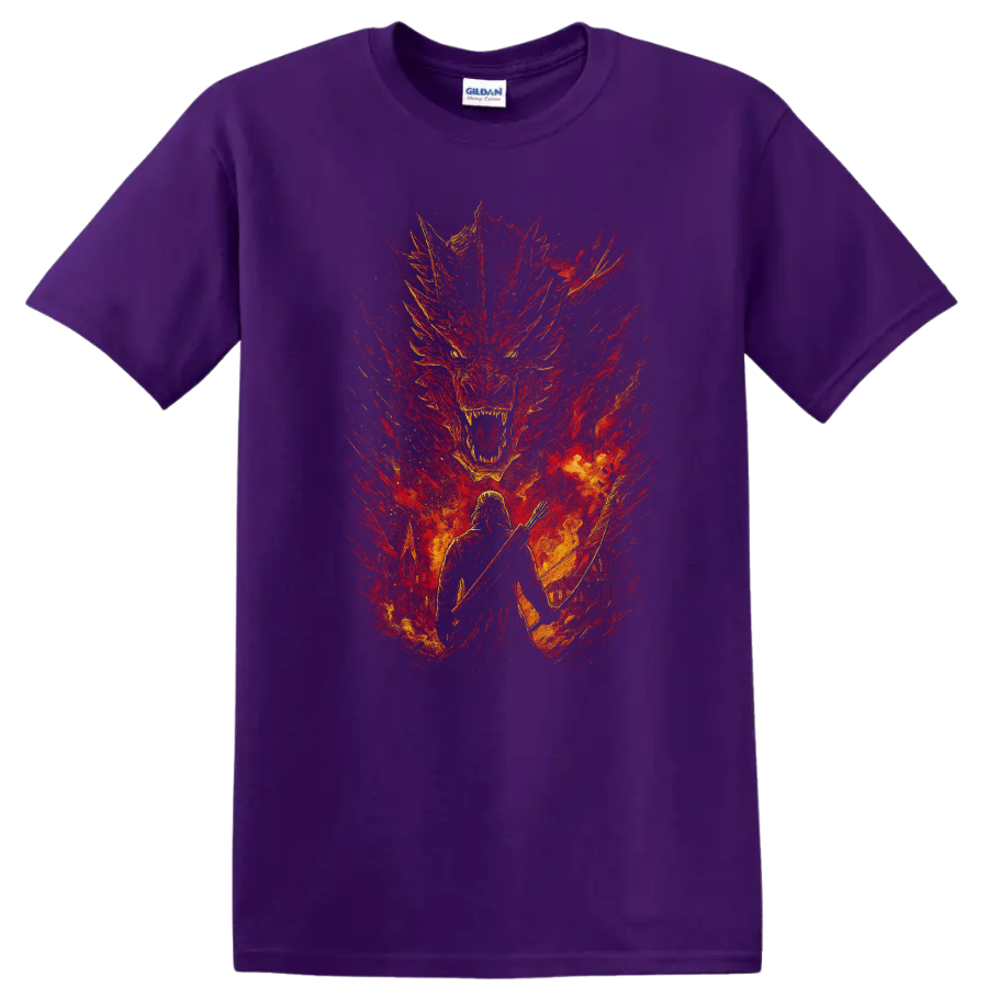 Fiery Game of Thrones dragon and warrior fantasy graphic T Shirt on a Purple T Shirt