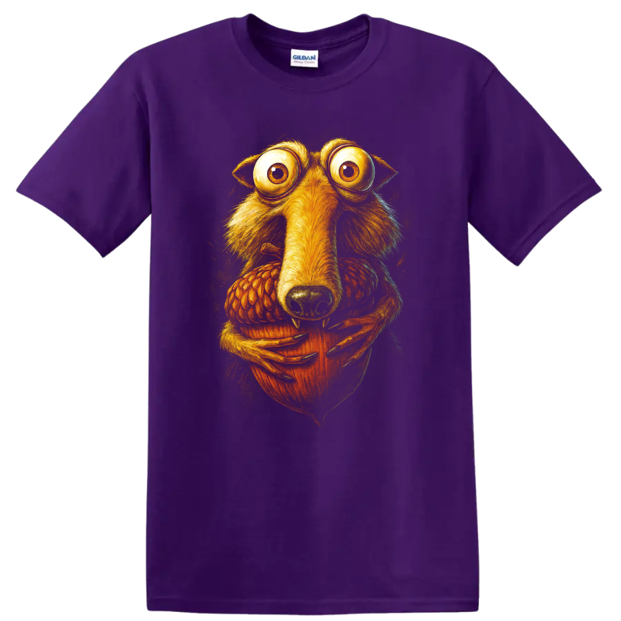Wide-eyed Scrat holding an acorn, Ice Age character art T-shirt design on a Purple T Shirt