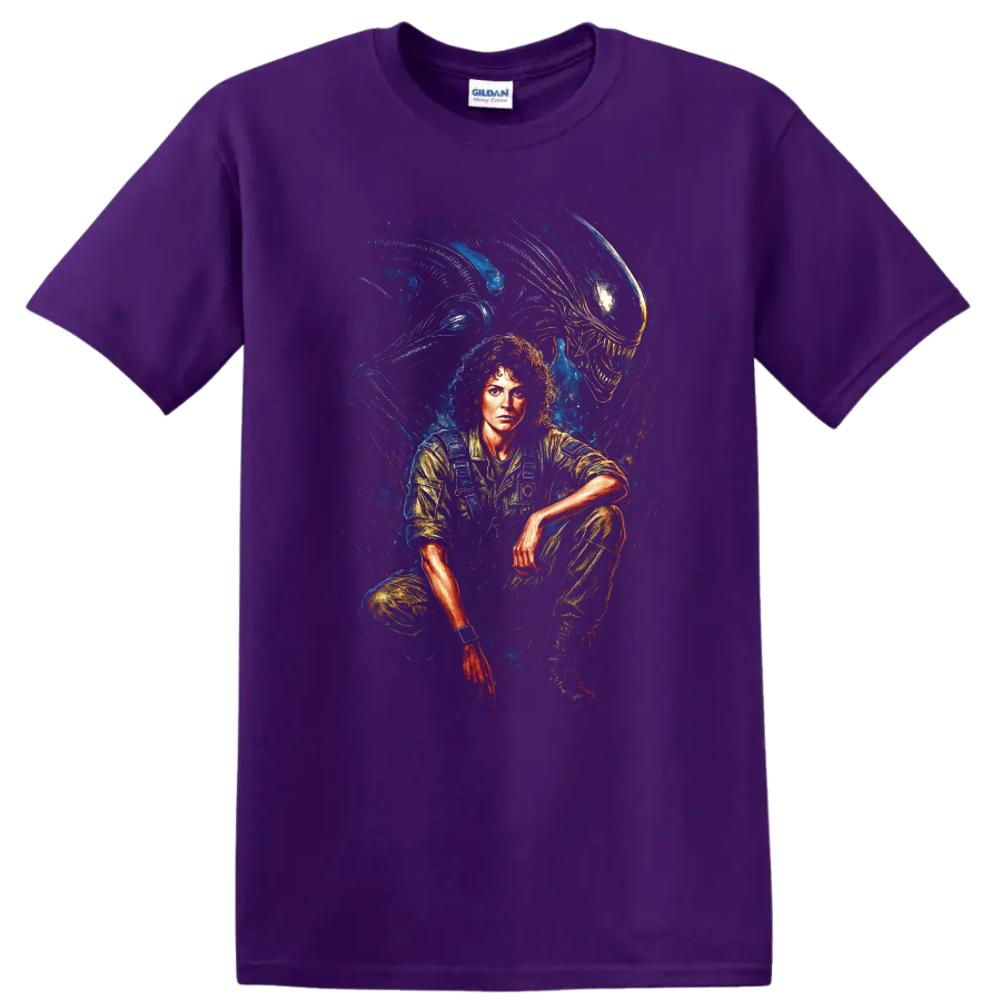 Alien movie inspired portrait with xenomorph creature in dramatic sci-fi horror style T-shirt on a Purple T Shirt