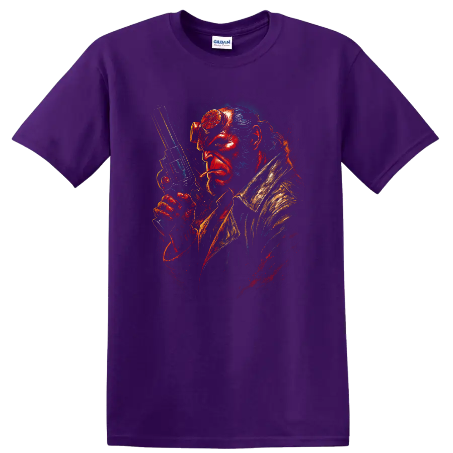 Hellboy dramatic portrait holding revolver graphic T shirt on a Purple T Shirt