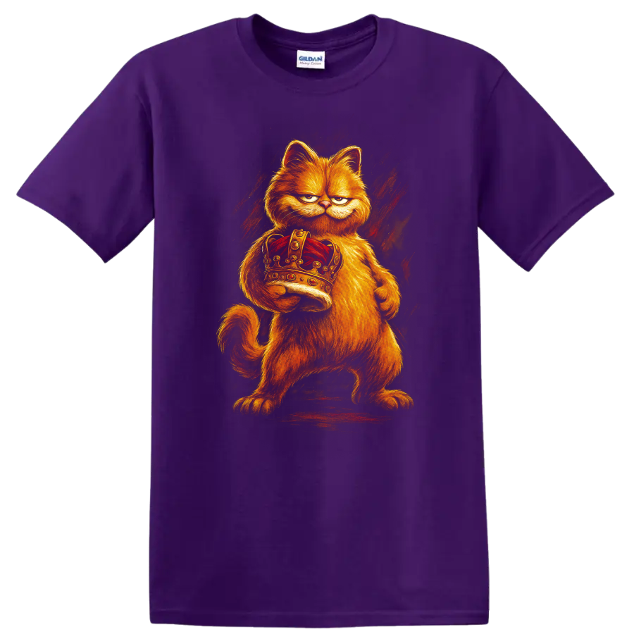 Angry orange Garfield-inspired cat holding a jeweled crown on a black T shirt on a Purple T Shirt