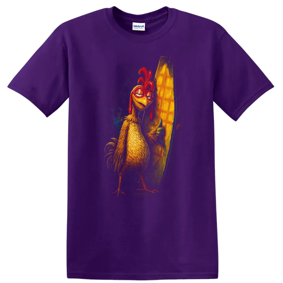 Surf's Up inspired chicken surfer holding a surfboard graphic T-shirt on a Purple T Shirt