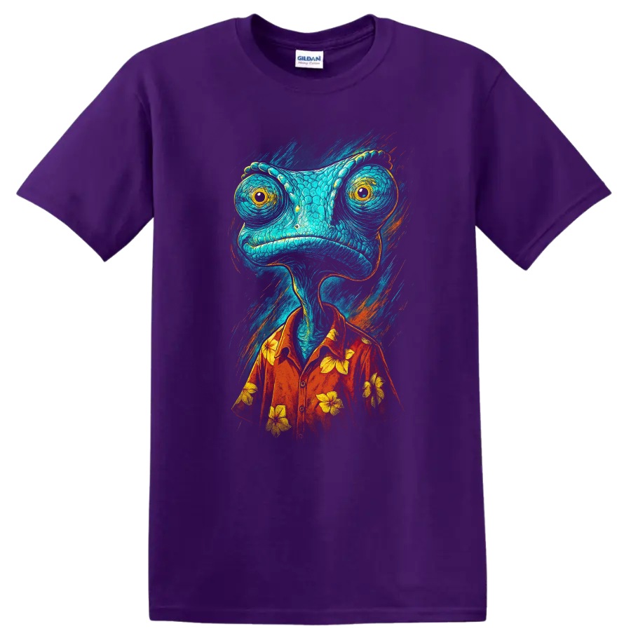 Colorful chameleon character in red Hawaiian shirt, Rango-inspired graphic T shirt on a Purple T Shirt