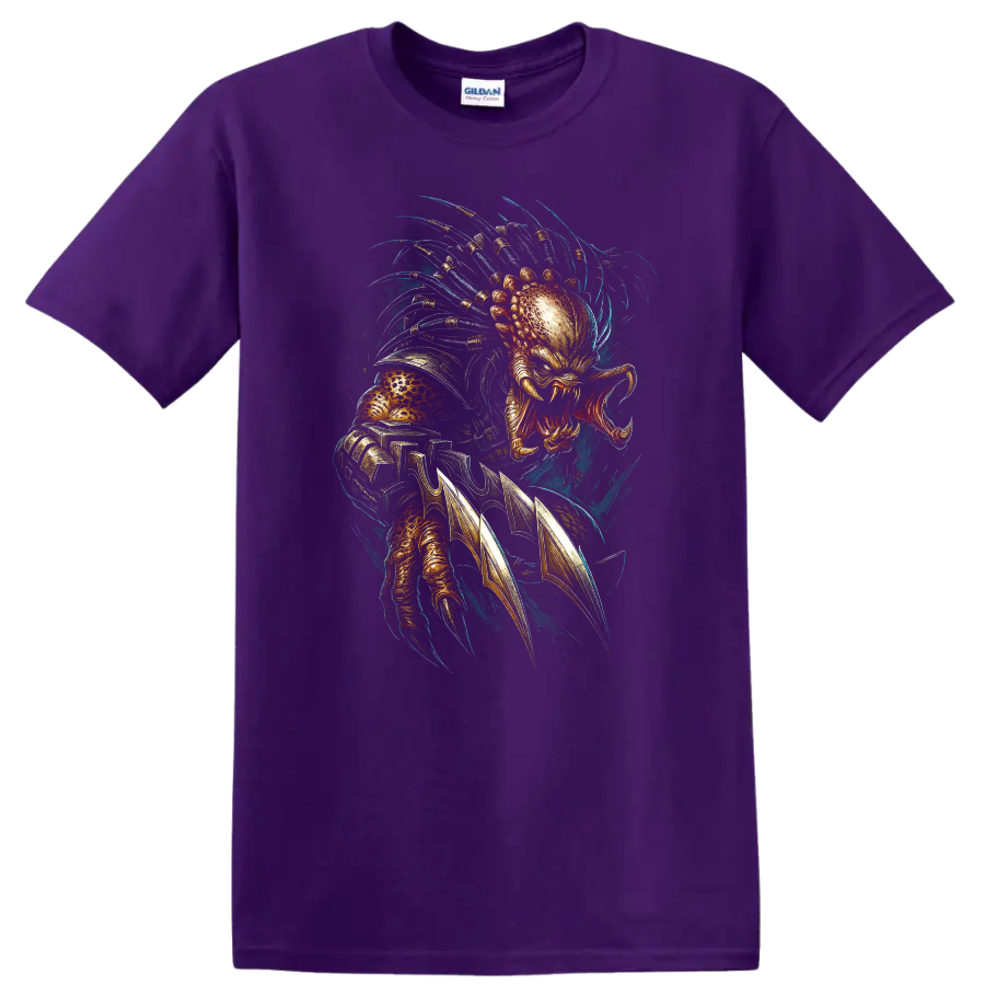 Predator-inspired alien hunter graphic with claws, armor detail, and dramatic sci-fi design on T shirt on a Purple T Shirt