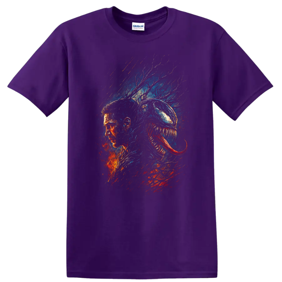 Venom-inspired symbiote portrait graphic T-shirt with dark comic style on a Purple T Shirt