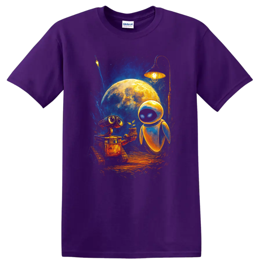 WALL-E and EVE moonlight sci fi artwork with glowing robot and plant T-shirt on a Purple T Shirt