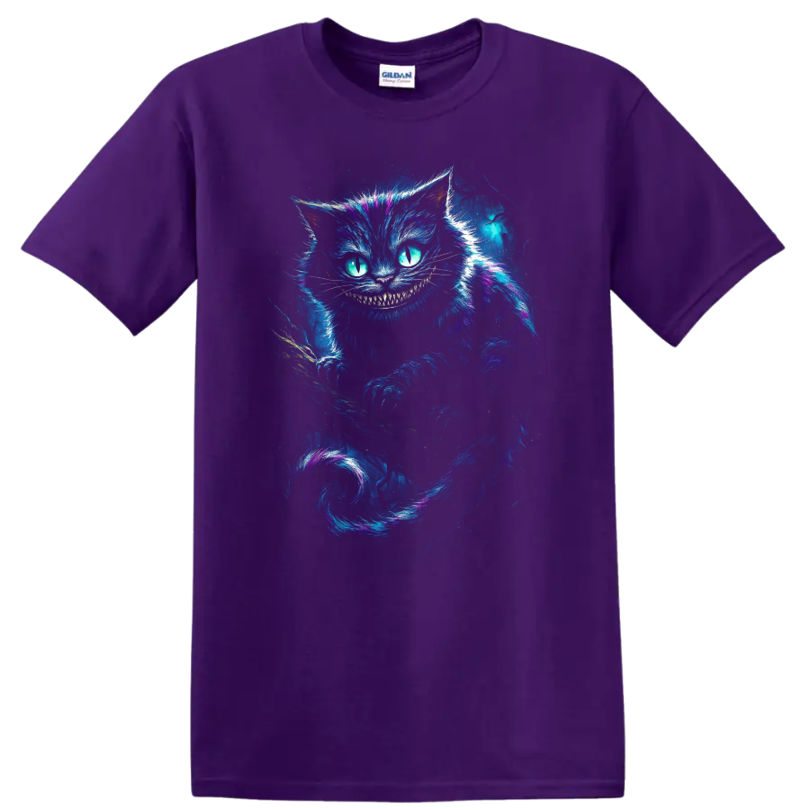 Glowing Cheshire Cat with neon grin and blue purple fantasy art T shirt on a Purple T Shirt