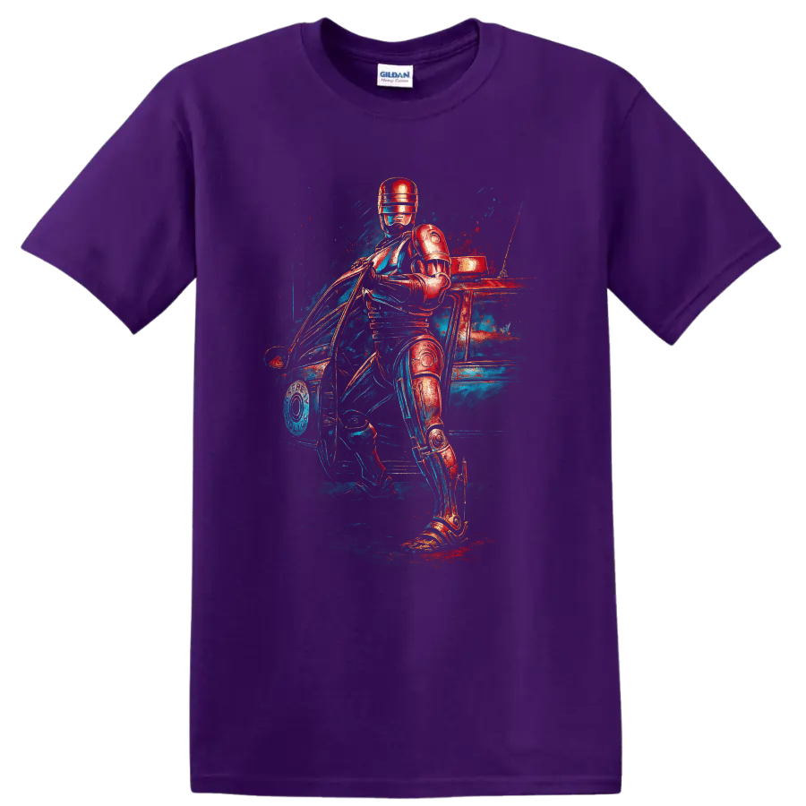 RoboCop neon sci fi artwork with armored police hero beside a car T shirt on a Purple T Shirt