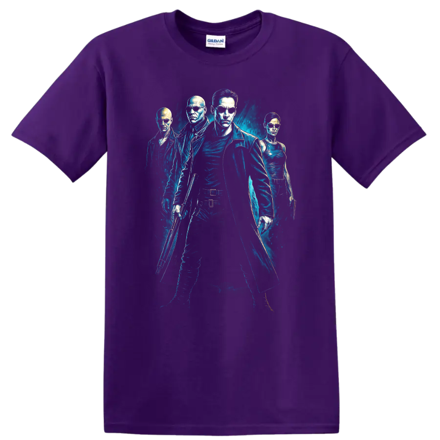 The Matrix inspired blue neon movie graphic T Shirt with four characters on a Purple T Shirt